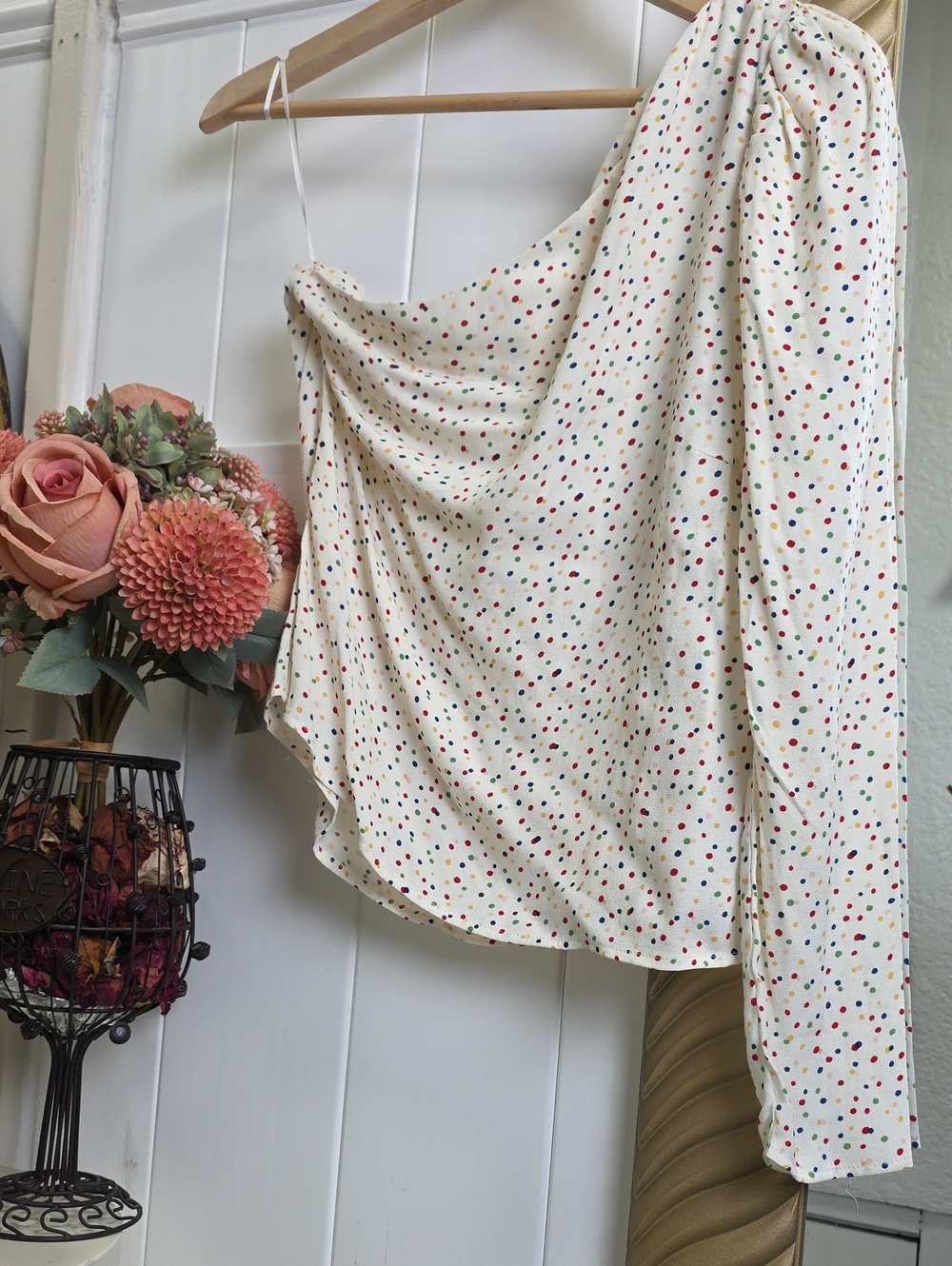 Reformation Cream Polka Dot One-Shoulder Blouse